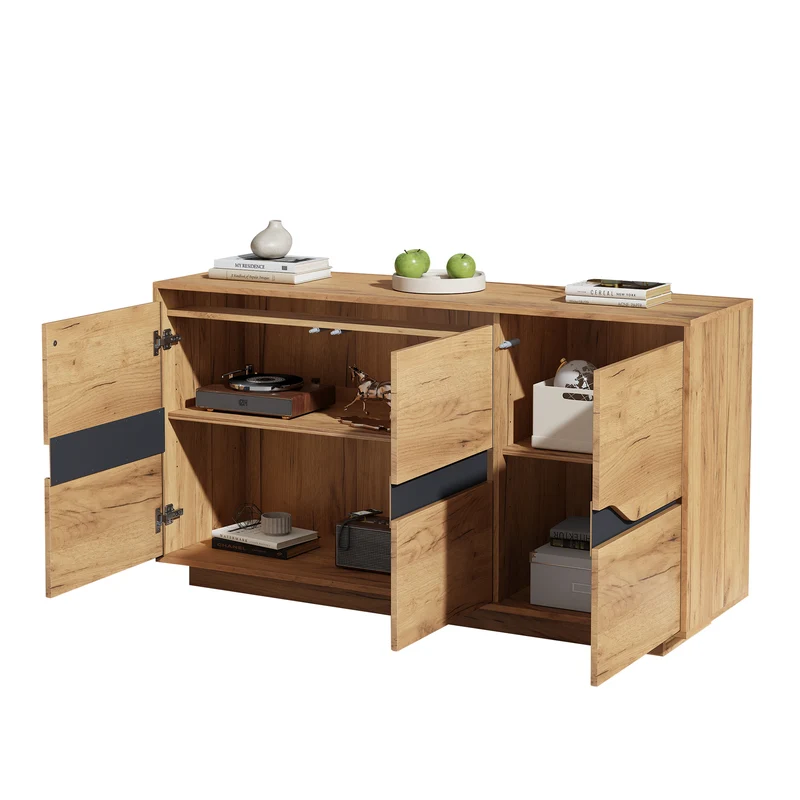 Buffet industriel effet bois et noir 3 portes 140x40x70 cm RIFTZORVAKYNOR