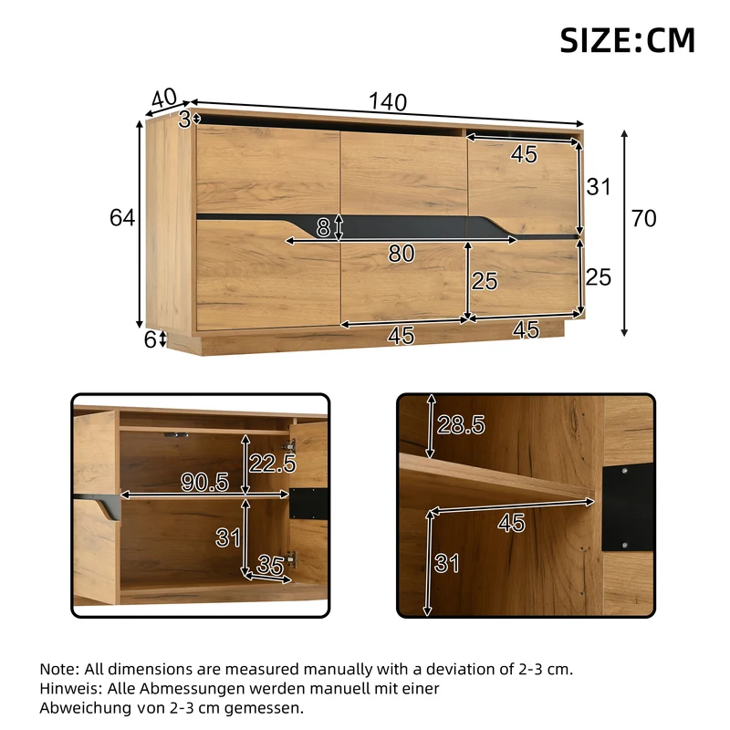 Buffet industriel effet bois et noir 3 portes 140x40x70 cm RIFTZORVAKYNOR