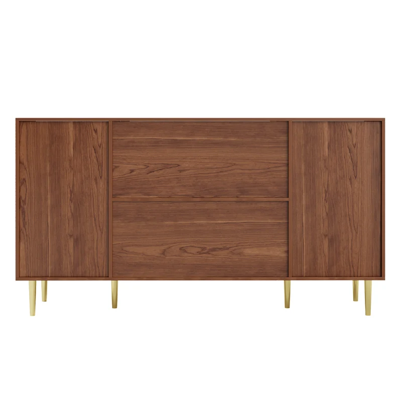 Buffet rétro effet bois 2 portes en rotin et 6 tiroirs 160x40x90 cm STARLEAF