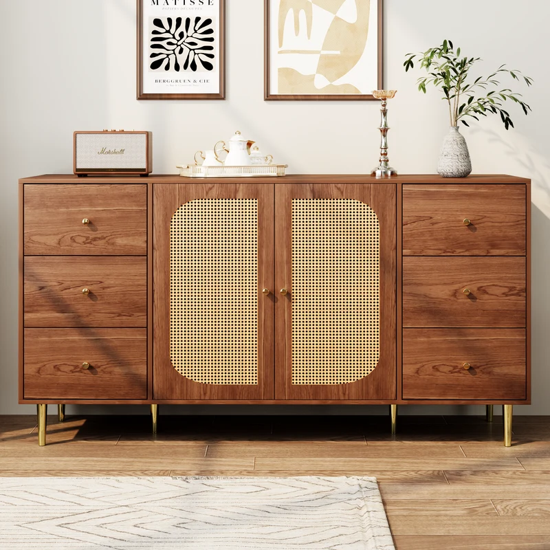 Buffet rétro effet bois 2 portes en rotin et 6 tiroirs 160x40x90 cm STARLEAF