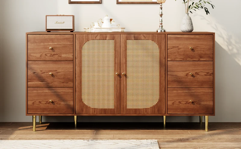 Buffet rétro effet bois 2 portes en rotin et 6 tiroirs 160x40x90 cm STARLEAF