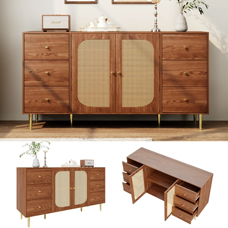 Buffet rétro effet bois 2 portes en rotin et 6 tiroirs 160x40x90 cm STARLEAF