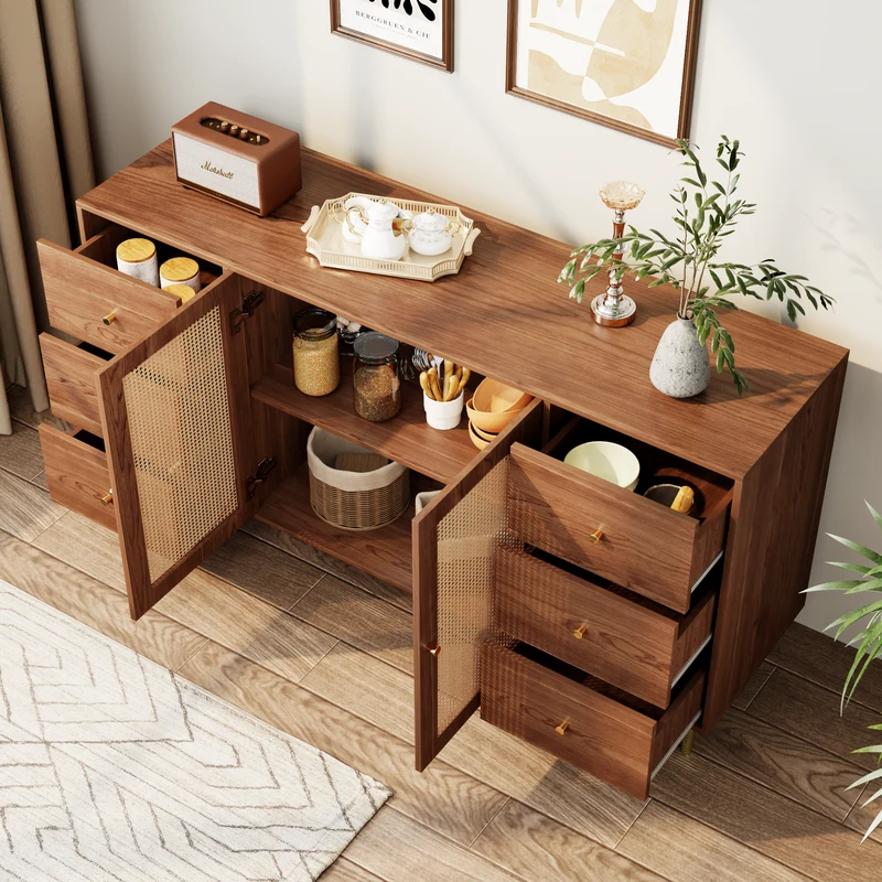 Buffet rétro effet bois 2 portes en rotin et 6 tiroirs 160x40x90 cm STARLEAF