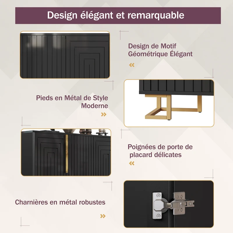 Buffet noir design géométrique détails dorés 152x40x75 cm RIFTSYLTHYN