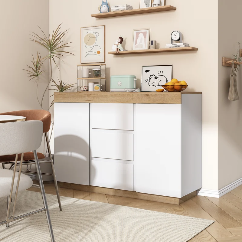 Buffet blanc et effet chêne 3 tiroirs 2 portes 120,5 * 40,2 *82,5 cm CASCADEORBIT