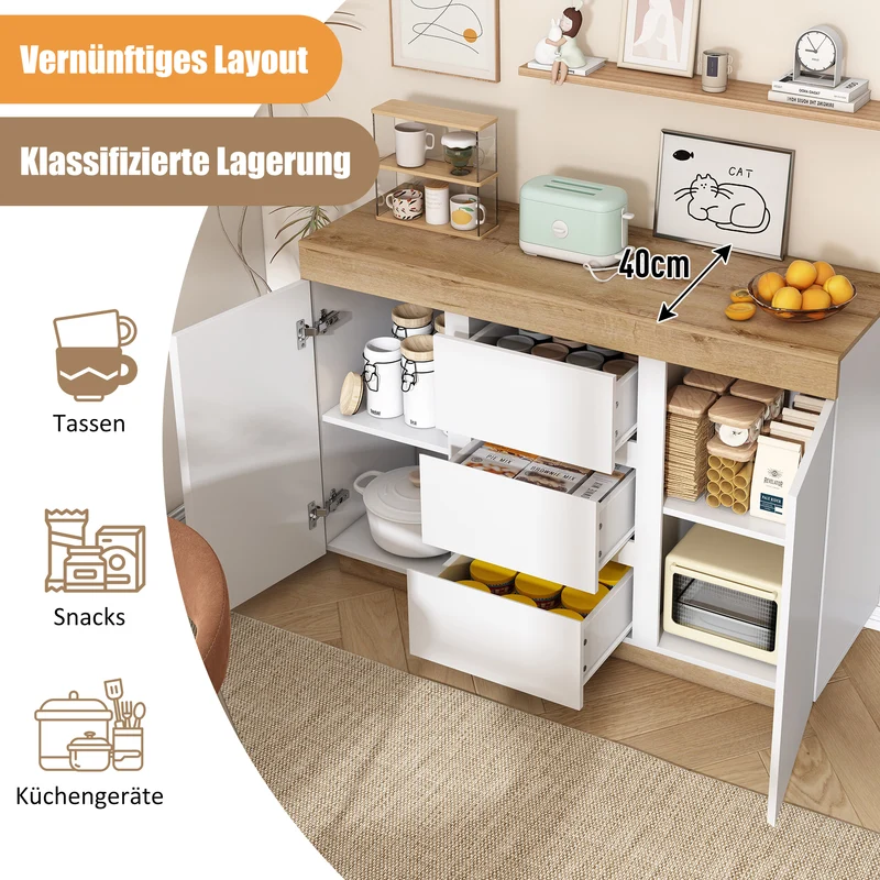 Buffet blanc et effet chêne 3 tiroirs 2 portes 120,5 * 40,2 *82,5 cm CASCADEORBIT