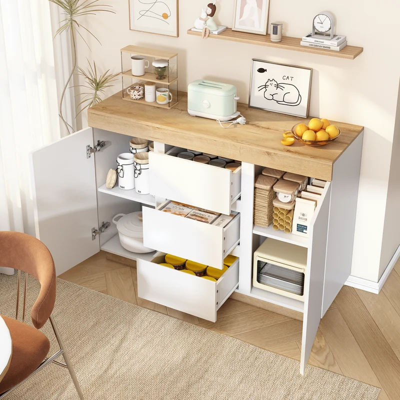 Buffet blanc et effet chêne 3 tiroirs 2 portes 120,5 * 40,2 *82,5 cm CASCADEORBIT
