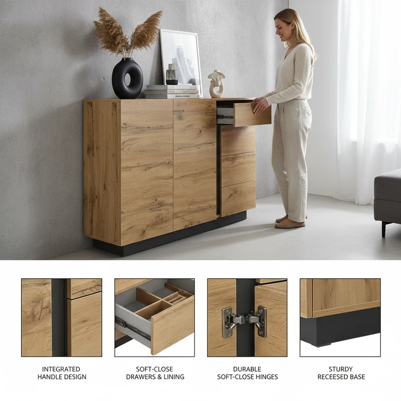 Buffet effet bois 2 portes 4 tiroirs 120x35,5x90,5 cm SOLSTICELRE