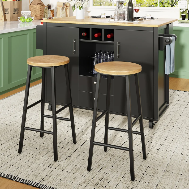 Lot de 2 tabourets de bar industriel effet bois 63cm, pieds métal noir MODERNLINENELITE