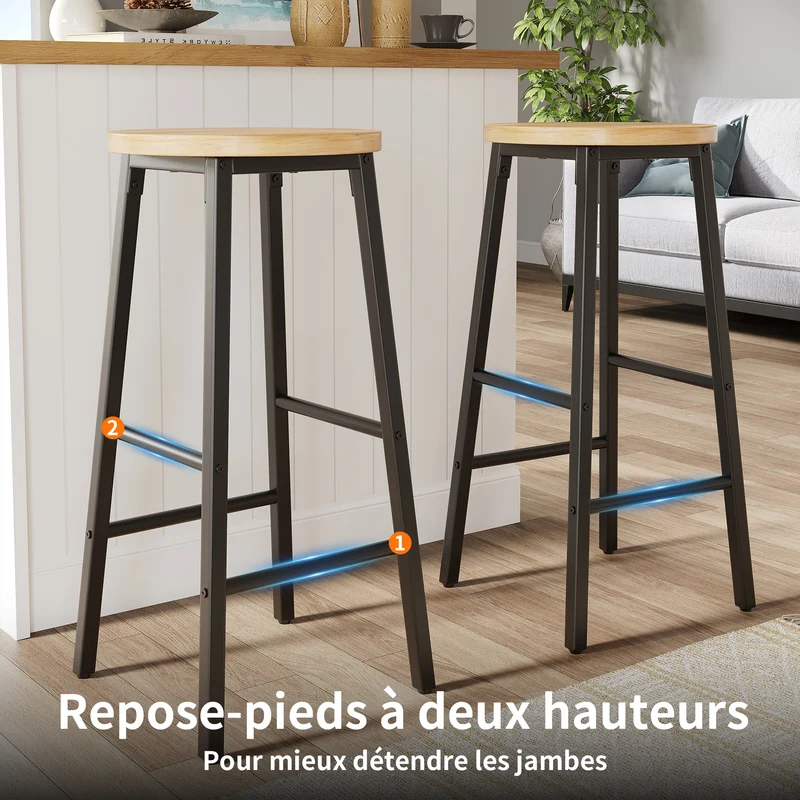 Lot de 2 tabourets de bar industriel effet bois 63cm, pieds métal noir MODERNLINENELITE