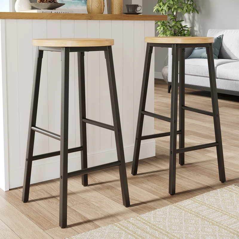 Lot de 2 tabourets de bar industriel effet bois 63cm, pieds métal noir MODERNLINENELITE