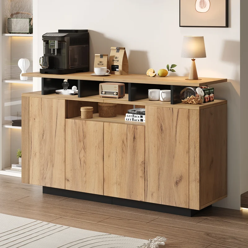 Buffet effet bois naturel 4 niches ouverts 4 portes 140x40x85cm TERRALCA