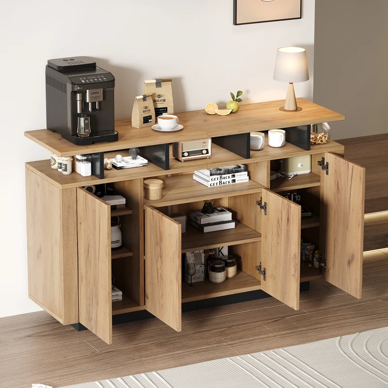 Buffet effet bois naturel 4 niches ouverts 4 portes 140x40x85cm TERRALCA