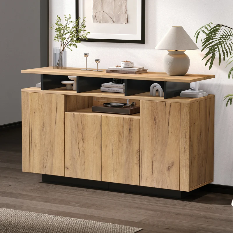 Buffet effet bois naturel 4 niches ouverts 4 portes 140x40x85cm TERRALCA
