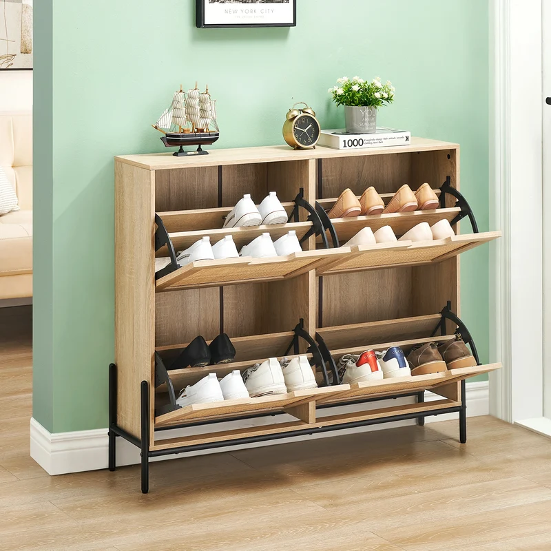 Meuble à chaussures étroit 4 abattants chêne clair