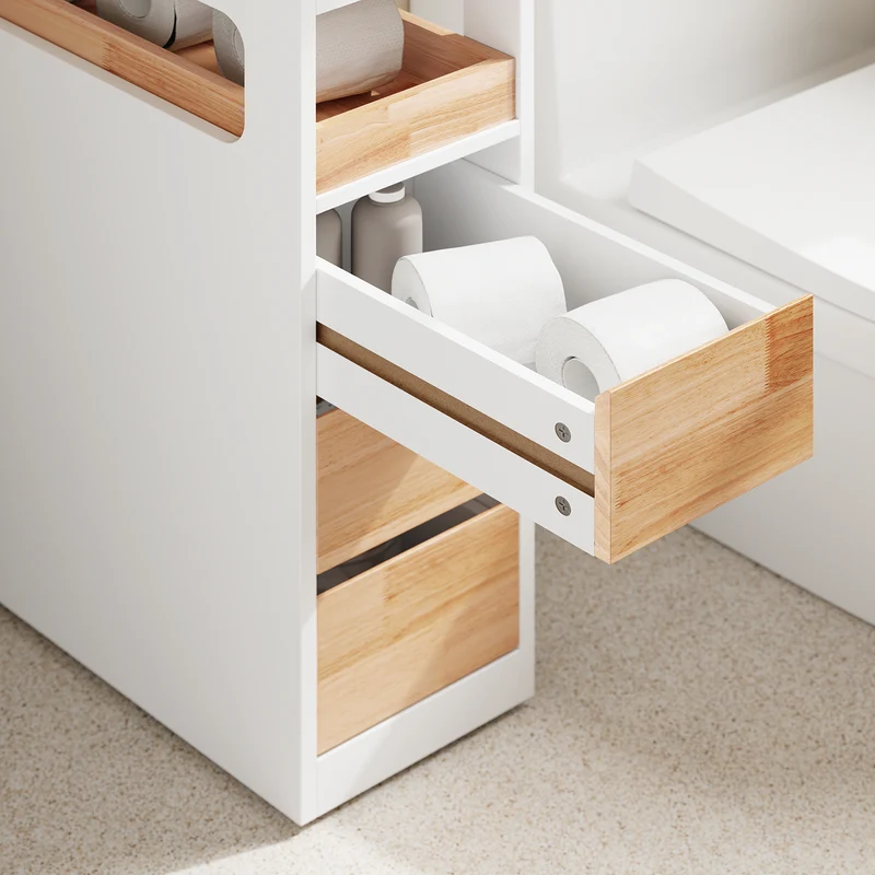 SoBuy BZR54-IV-WN Colonne Salle de Bain avec Roulettes, 3 Tiroirs et Compartiment Arrière Réglable – L65×P23×H82 cm, Charge 40 kg, Blanc et Naturel