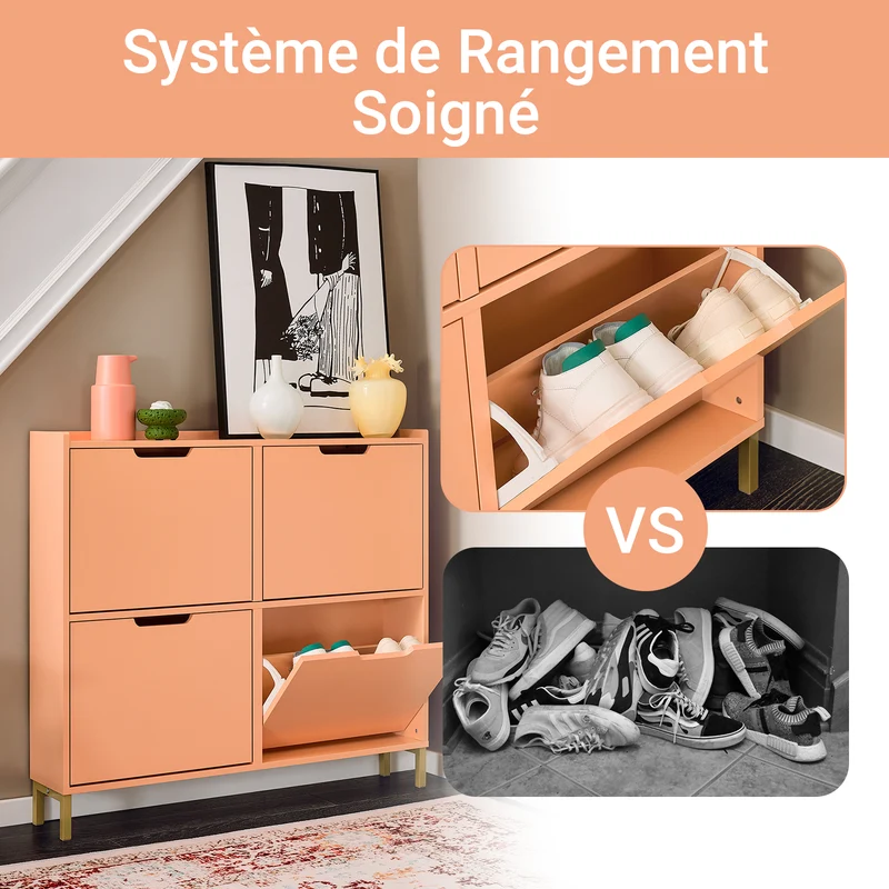 SoBuy FSR100-RS Meuble à Chaussures Design Élégant 4 Abattants – Déco Entrée Moderne – 100x19x91 cm Rosé