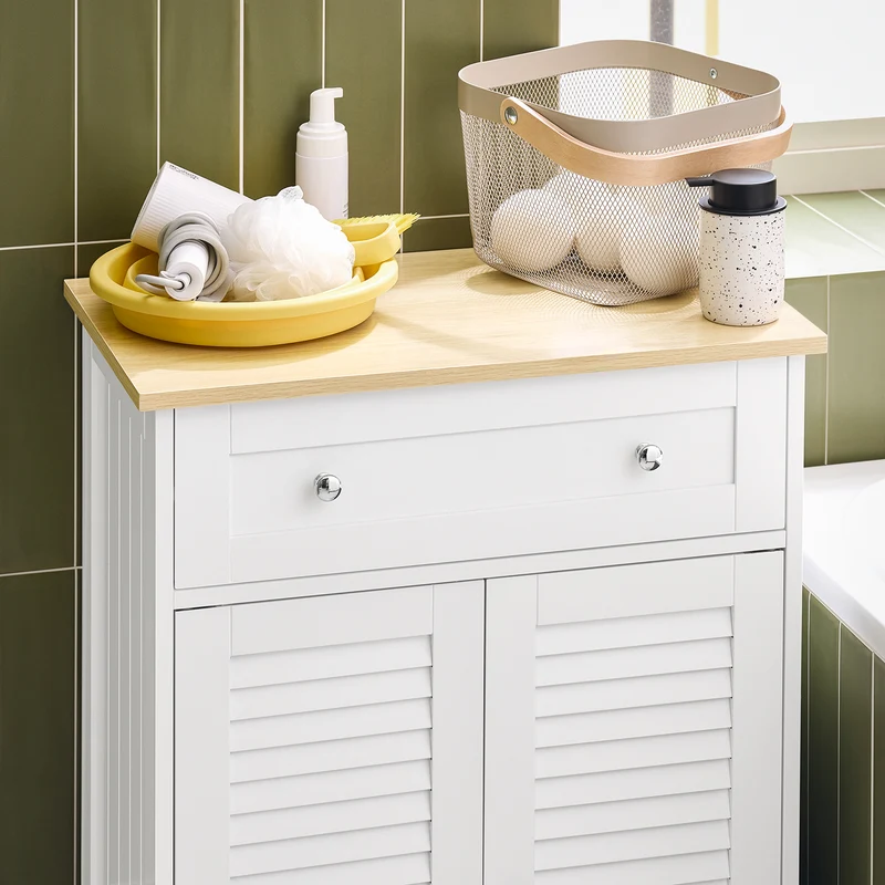 SoBuy FRG238-WN Meuble Bas Salle de Bain avec Étagère Réglable, 1 Tiroir et 2 Portes, pour Salle de Bain et WC, Compact – L60×P35×H87 cm, Blanc et Naturel