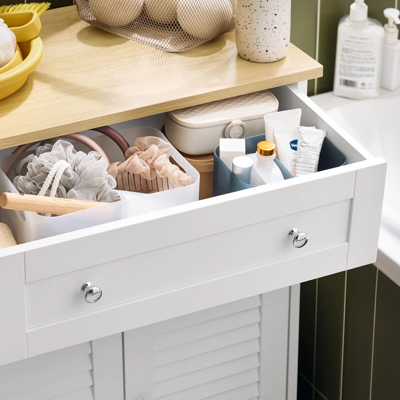 SoBuy FRG238-WN Meuble Bas Salle de Bain avec Étagère Réglable, 1 Tiroir et 2 Portes, pour Salle de Bain et WC, Compact – L60×P35×H87 cm, Blanc et Naturel