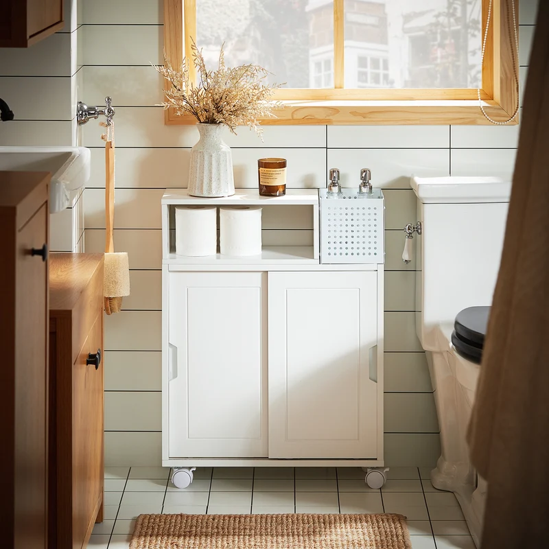 SoBuy BZR176-W Armoire Toilettes WC Support Papier Toilette, Armoire de Salle de Bain sur Roulettes, 2 Compartiments Ouverts