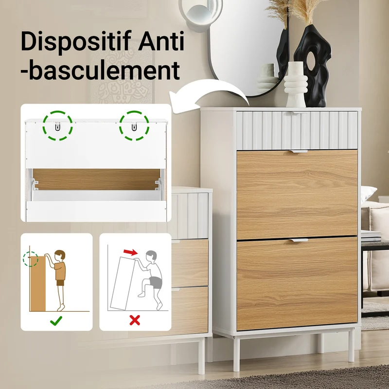 SoBuy FSR174-WN Armoire à Chaussures 2 Abattants et 1 Tiroir, Rangement pour Entrée Couloir – 60x35x110 cm, Blanc et Naturel