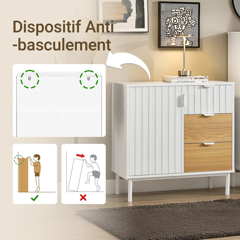 SoBuy FSB91-WN Buffet Meuble de Rangement avec 3 Tiroirs et 1 Porte, Pieds en Métal, Commode Multifonction pour Entrée Salon – 75x35x76 cm, Blanc et Naturel