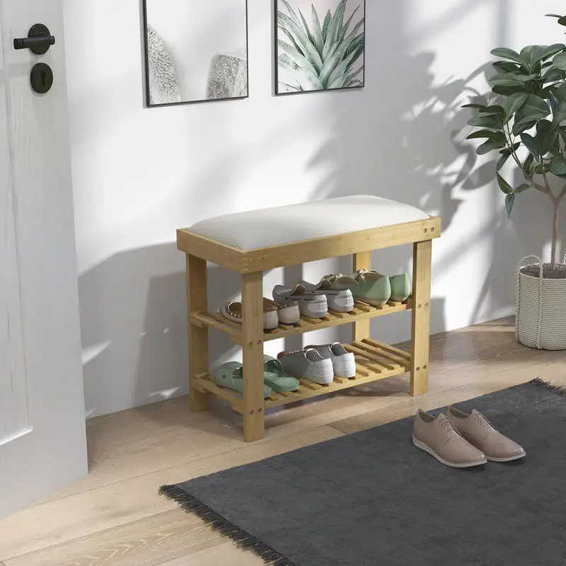 Banc à chaussures avec assise rembourrée bambou