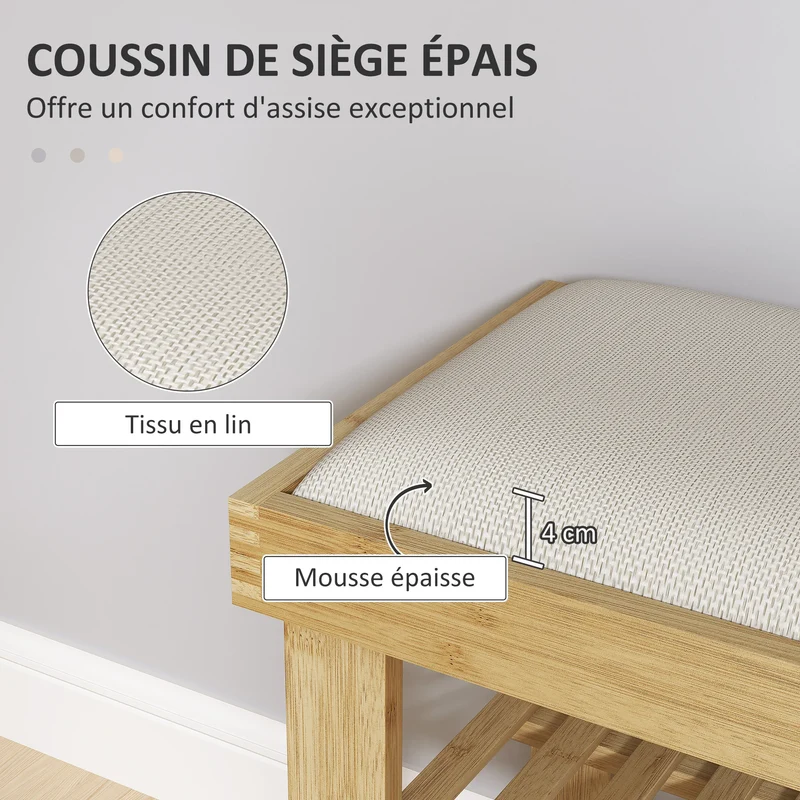 Banc à chaussures avec assise rembourrée bambou