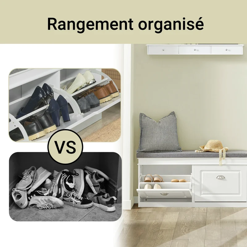 Banc à chaussures blanc avec assise rembourrée