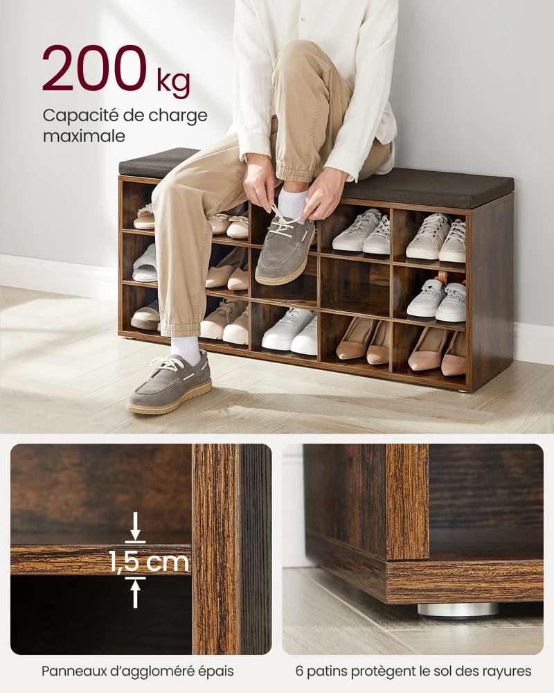 Banc à chaussures 15 compartiments avec assise