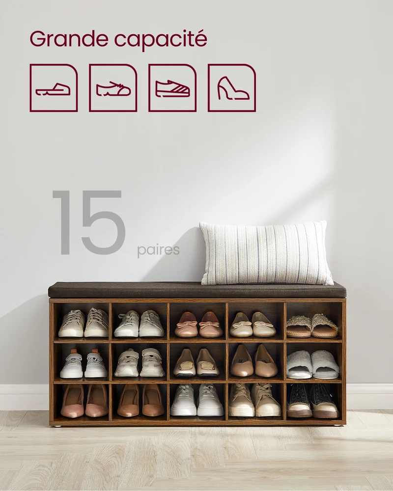 Banc à chaussures 15 compartiments avec assise