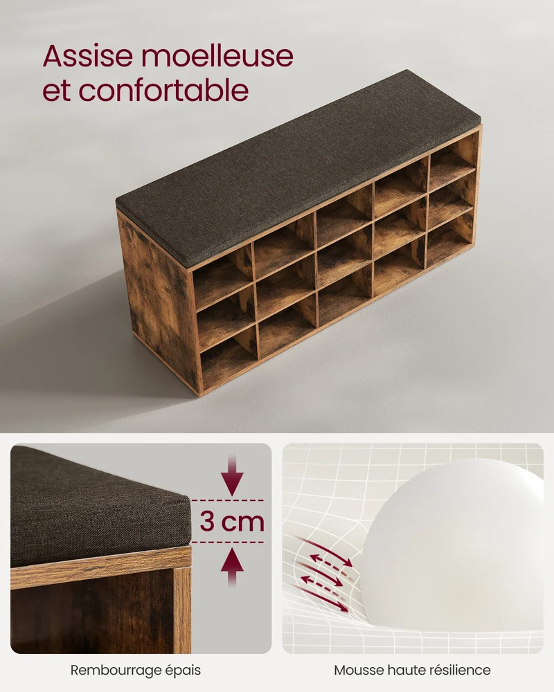 Banc à chaussures 15 compartiments avec assise
