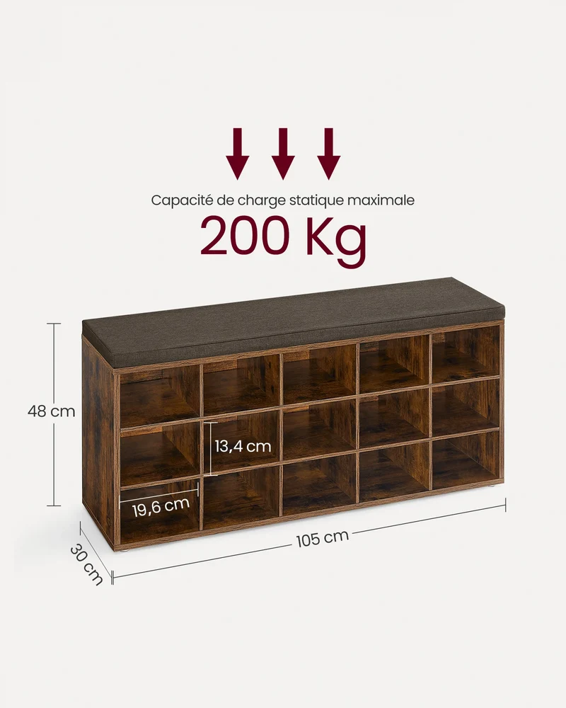 Banc à chaussures 15 compartiments avec assise