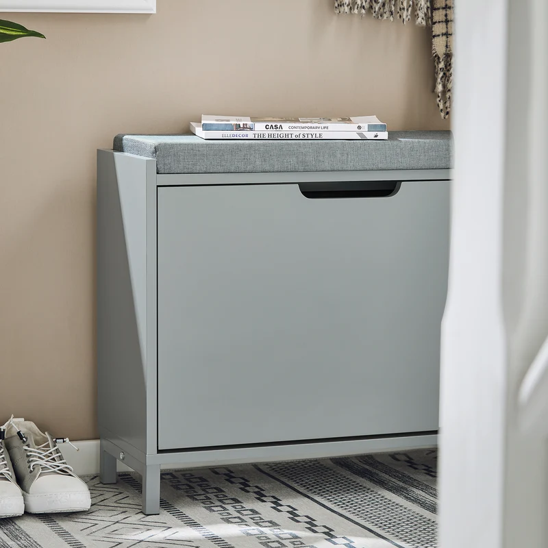 SoBuy FSR151-K-HG Banc à Chaussures avec Coussin Rembourré et 1 Abattant, Slim 24cm pour Entrée – 60x24x52 cm, Gris