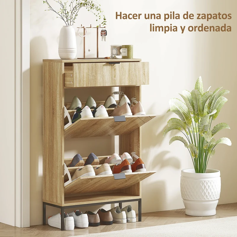 Meuble à chaussures naturel étroit 2 abattants