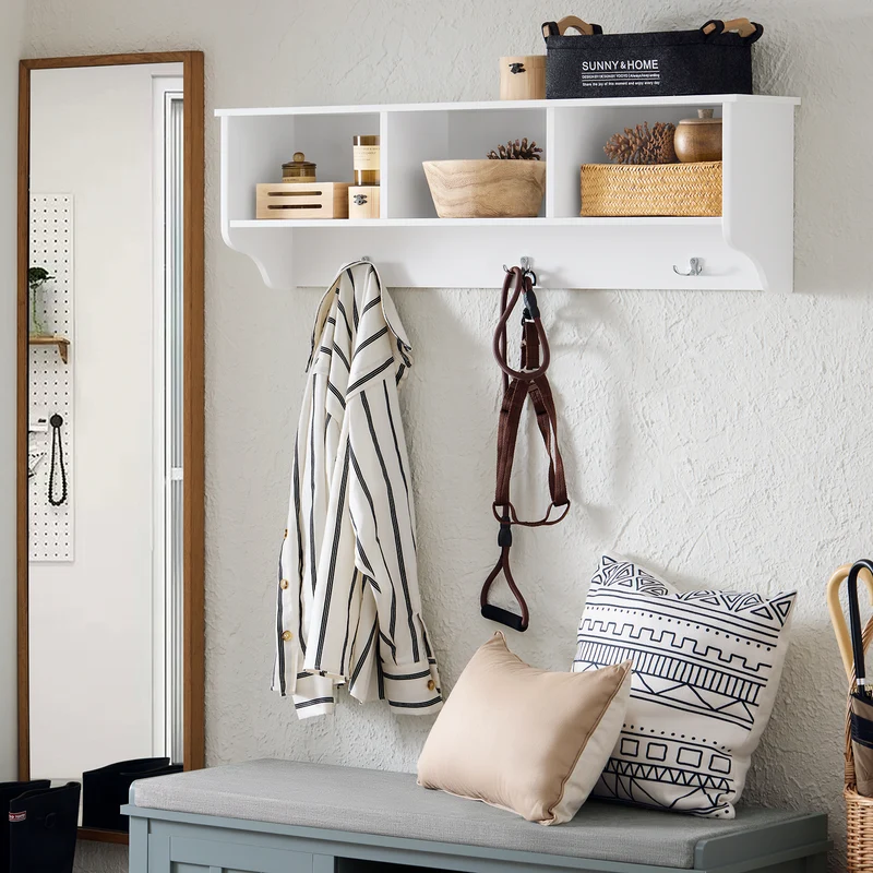 SoBuy FHK35-W Porte-Manteau Mural avec 3 Compartiments et 3 Crochets, pour Entrée et Couloir, Rangement Optimisé, Design Fonctionnel – L100×P20×H30 cm, Blanc