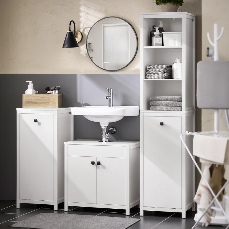 SoBuy BZR95-W Meuble Colonne de Salle de Bain, Étagère de Rangement avec 1 Panier à Linge et 3 Étagères
