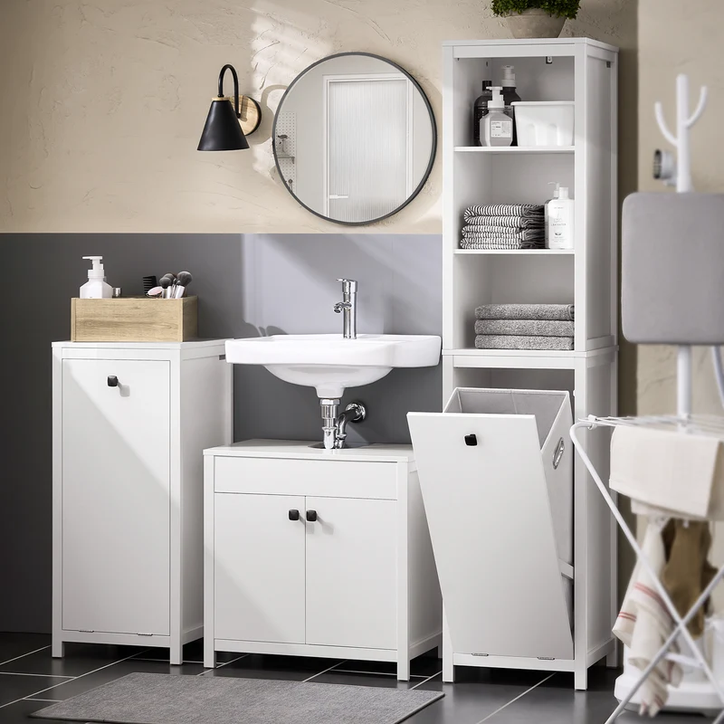 SoBuy BZR95-W Meuble Colonne de Salle de Bain, Étagère de Rangement avec 1 Panier à Linge et 3 Étagères