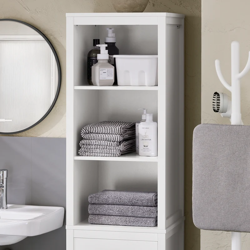 SoBuy BZR95-W Meuble Colonne de Salle de Bain, Étagère de Rangement avec 1 Panier à Linge et 3 Étagères