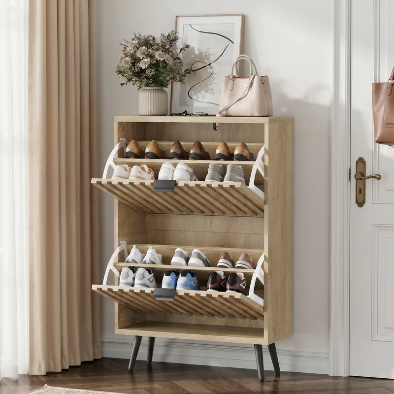 Meuble à chaussures effet bois naturel façade à lattes 2 abattants MODERNCOPPERPRO