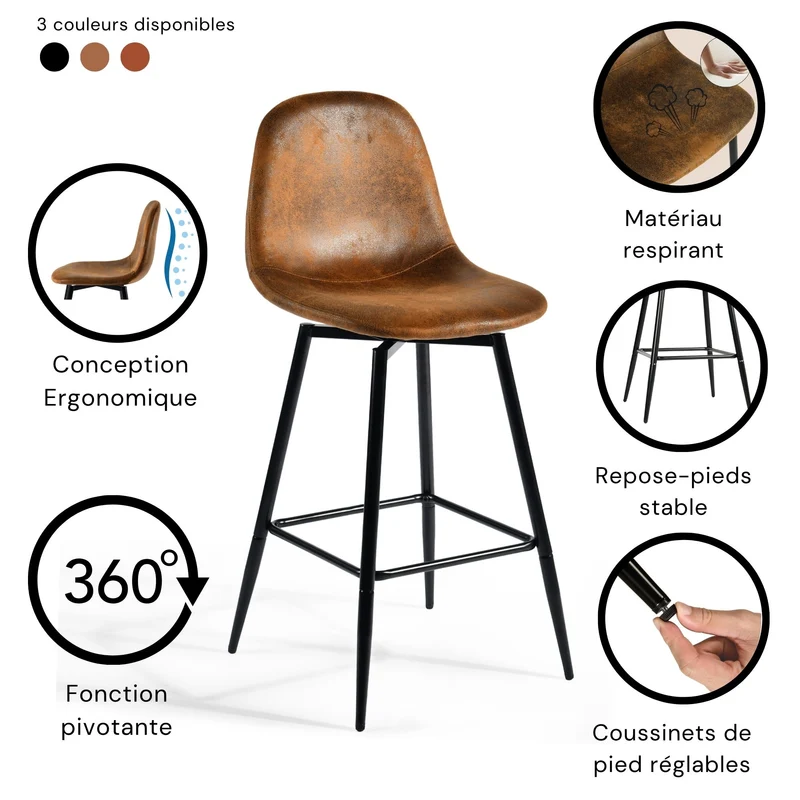 Lot de 2 tabourets de bar vintage pivotants en faux daim style industriel 67Hcm CHARLTON COUNTER SUEDE BROWN BLACK LEG 2PCS