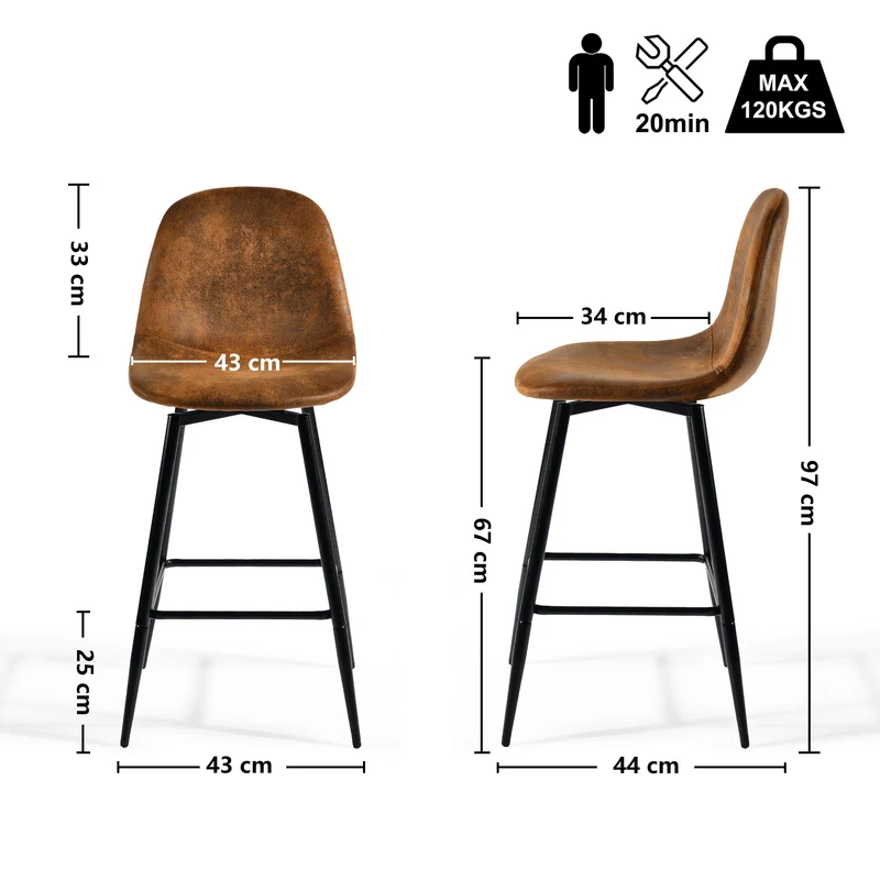 Lot de 2 tabourets de bar vintage pivotants en faux daim style industriel 67Hcm CHARLTON COUNTER SUEDE BROWN BLACK LEG 2PCS