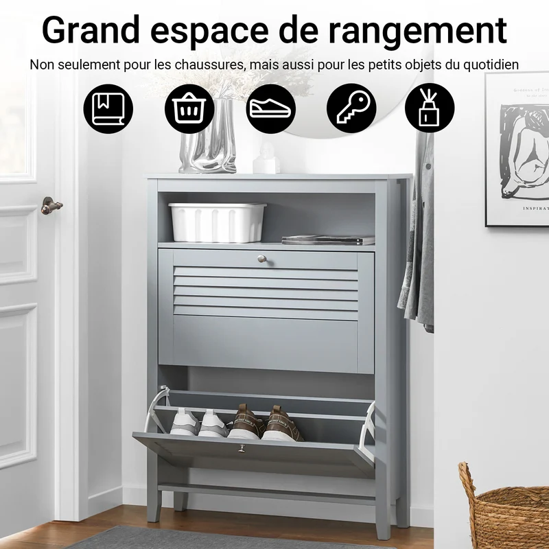 SoBuy FSR152-HG Armoire à Chaussures 2 Abattants, Rangement pour Entrée Couloir – 80x25x108 cm, Gris