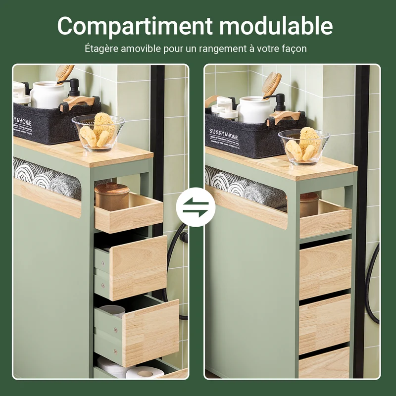 SoBuy BZR54-GR Meuble Salle de Bain à roulettes, Armoire de Salle de Bain Étroit avec 3 Tiroirs et Étagère Réglable, Petit Meuble WC en Bois pour Toilette, Vert, 65x24x82cm