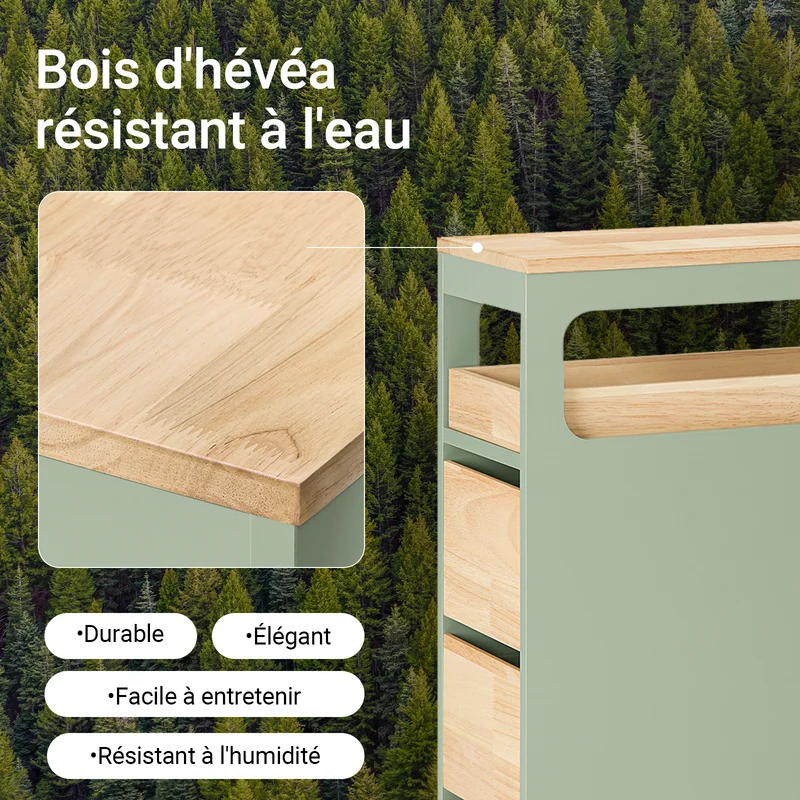 SoBuy BZR54-GR Meuble Salle de Bain à roulettes, Armoire de Salle de Bain Étroit avec 3 Tiroirs et Étagère Réglable, Petit Meuble WC en Bois pour Toilette, Vert, 65x24x82cm