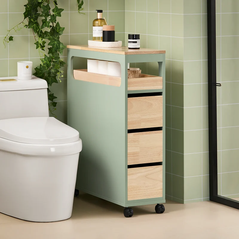 SoBuy BZR54-GR Meuble Salle de Bain à roulettes, Armoire de Salle de Bain Étroit avec 3 Tiroirs et Étagère Réglable, Petit Meuble WC en Bois pour Toilette, Vert, 65x24x82cm