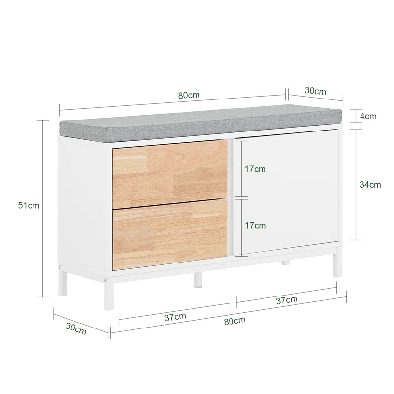 SoBuy FSR167-WN Banc à Chaussures, Banc de Rangement avec Coussin rembourré, Meuble Bas Entrée sur Pieds avec 1 Porte et 2 Tiroirs