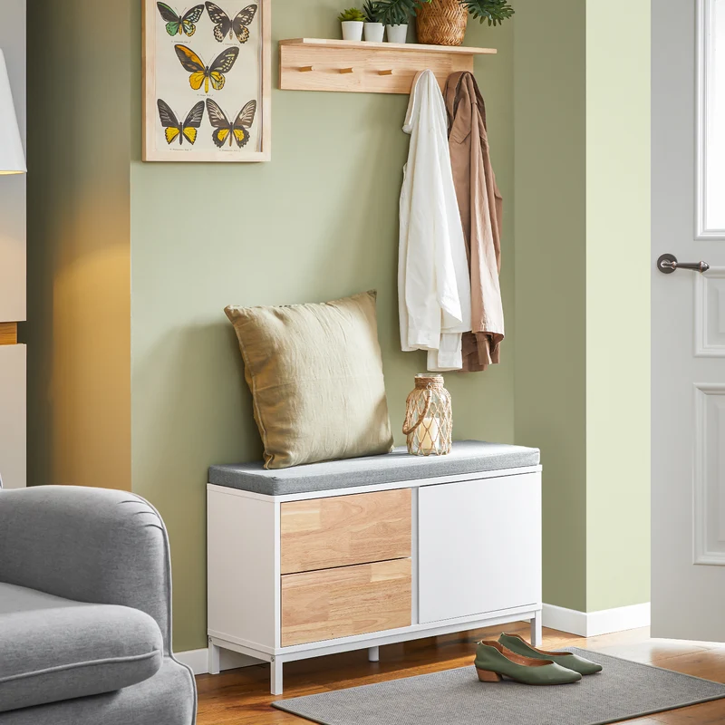 SoBuy FSR167-WN Banc à Chaussures, Banc de Rangement avec Coussin rembourré, Meuble Bas Entrée sur Pieds avec 1 Porte et 2 Tiroirs