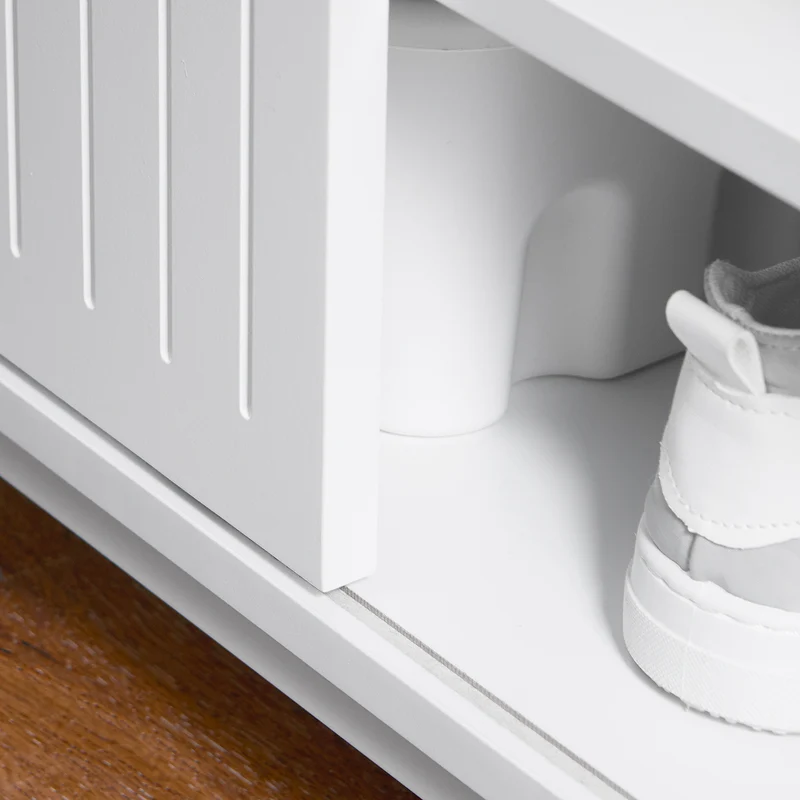 SoBuy FSR166-W Banc de Rangement, Banc à Chaussures avec 2 Coussin Rembourré, avec 1 Porte Coulissante et 3 Compartiments