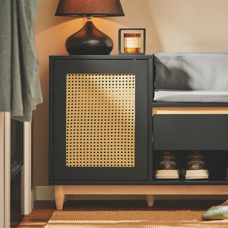 SoBuy FSR128-SCH Banc à Chaussures avec Tiroir, Porte à Treillis et Coussin Confortable, pour Entrée et Couloir, Rangement Optimisé – L100×P35×H60 cm, Noir